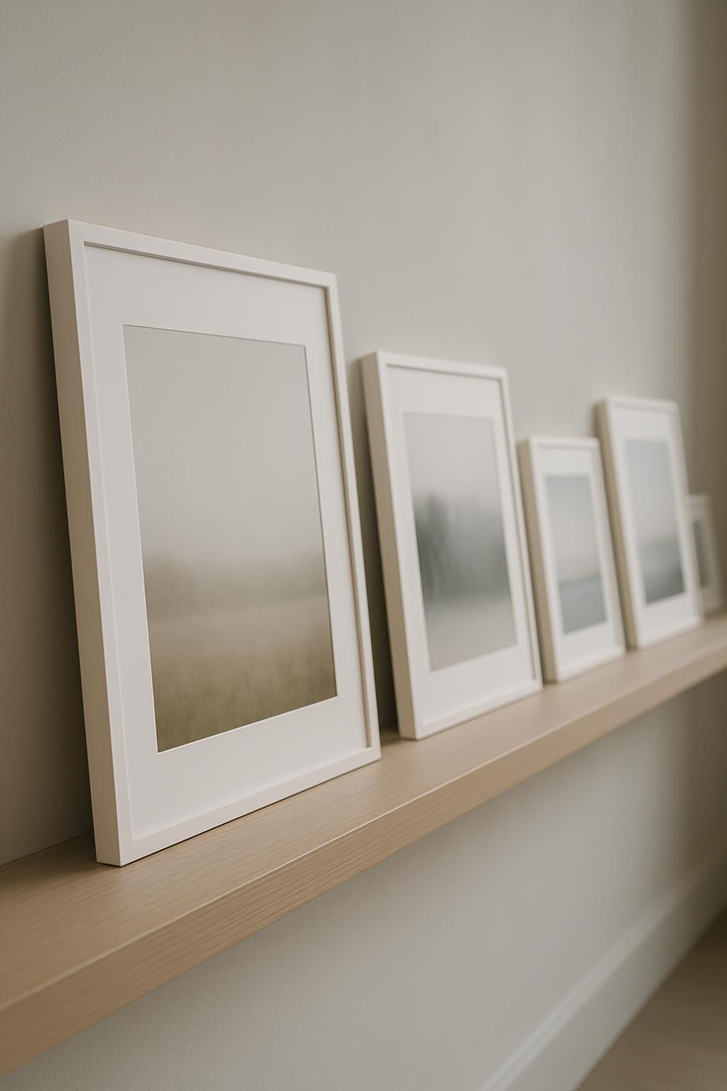 A long, minimal gallery shelf in pale, matte oak holds a carefully spaced row of fine-art photography prints in different sizes, each in thin white frames with generous white borders. The photographs show muted, abstract natural scenes: a foggy field, a blurred treeline, a soft horizon over water, all in subdued greys, beiges and soft blues. Cool, overcast window light from the left creates subtle gradients on the wall and delicate shadows behind each frame. Captured from a slightly angled perspective with shallow depth of field, the nearest print in crisp focus and the rest gently blurred. The mood is curated, refined and contemplative, emphasizing variety in sizes and prices while maintaining a cohesive, sophisticated aesthetic.